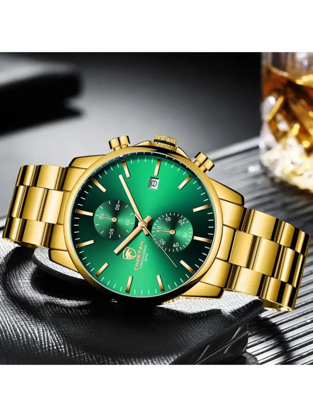 Men's Gold Green Classic Stainless Steel Waterproof Chronograph Quartz Watch